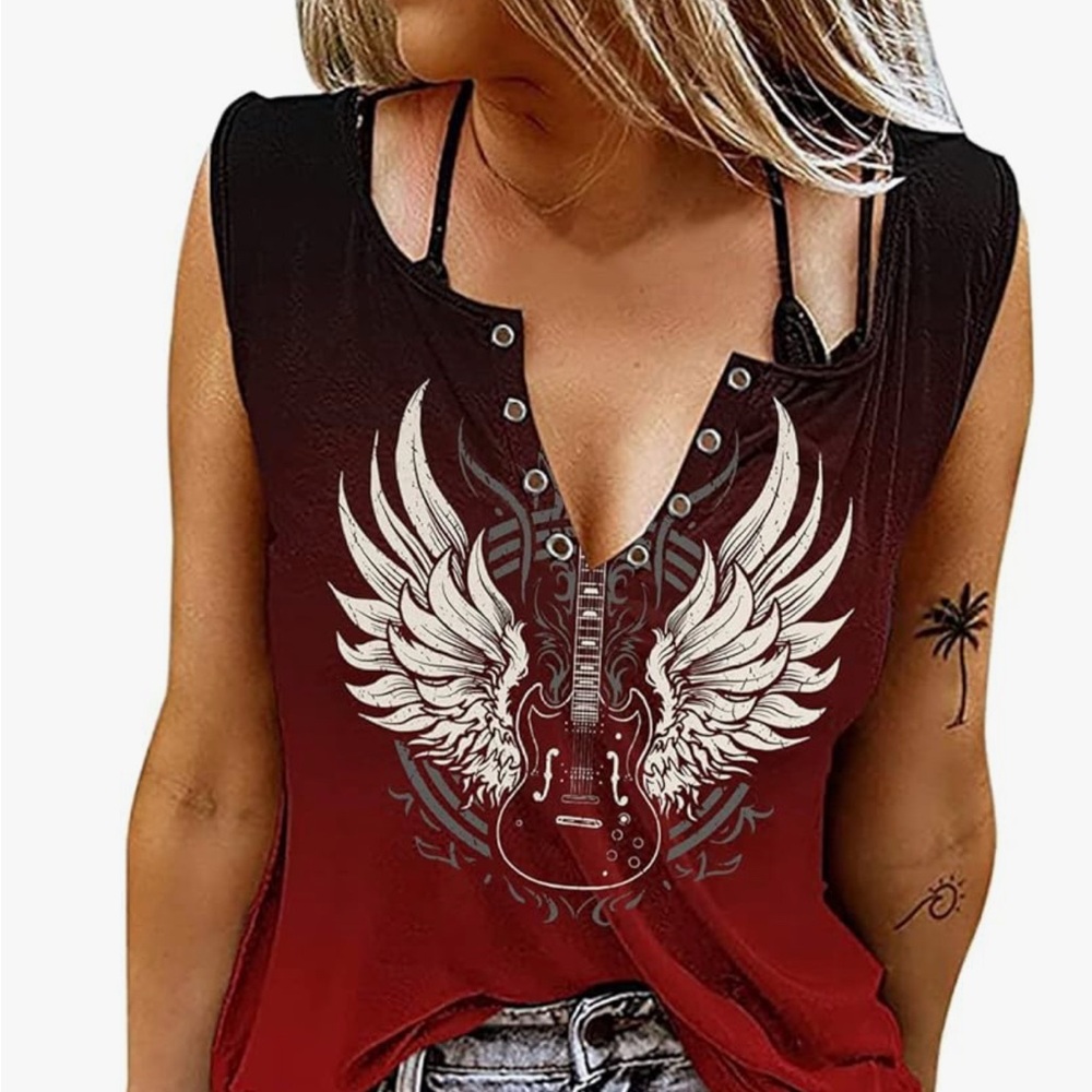 Amazon Essentials Red and Black Winged Guitar Muscle Tee